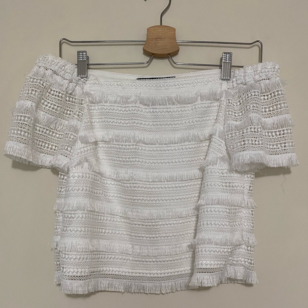 SOLD❗️White House Black Market Off the Shoulder Fringe top & pencil skirt outfit